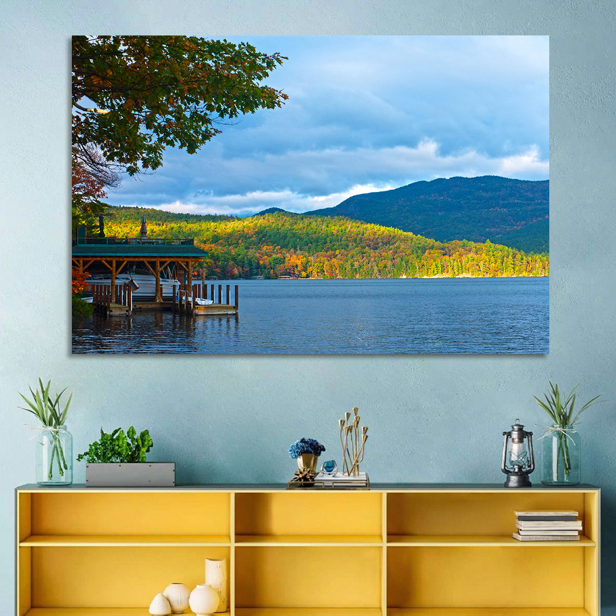 Lake George Boathouse in Autumn Wall Art