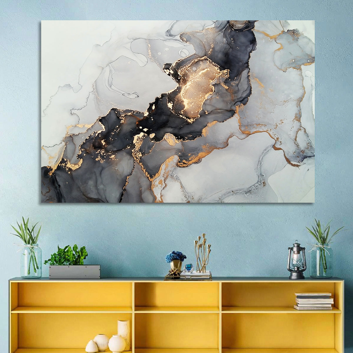 Black Fire Marble Abstract Wall Art in a room, landscape