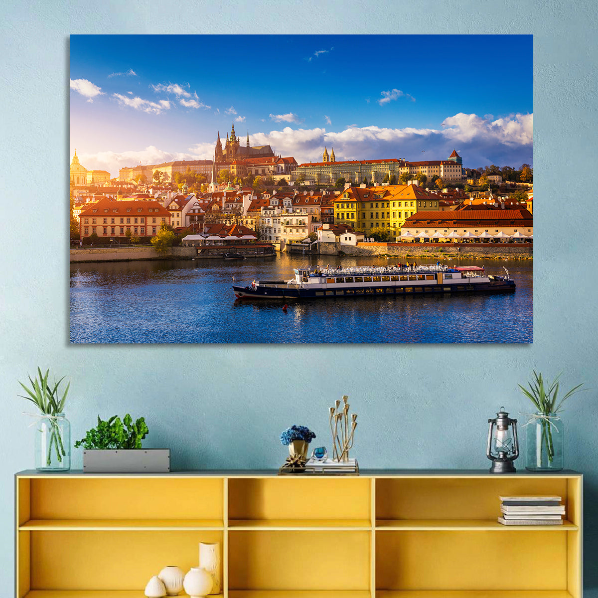 Prague Castle Golden Hour River View Wall Art in a room, landscape