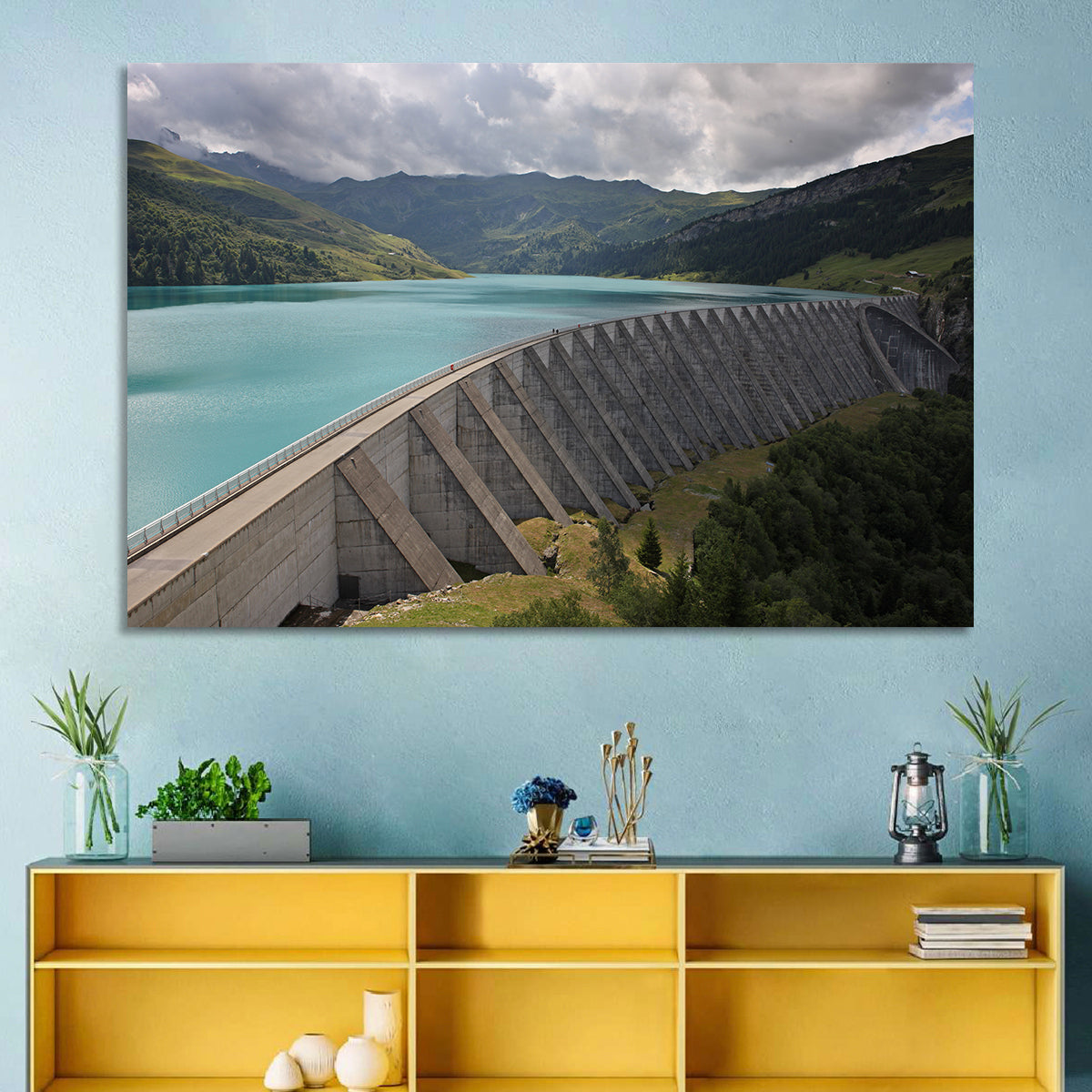 Curved Dam on Turquoise Lake Wall Art