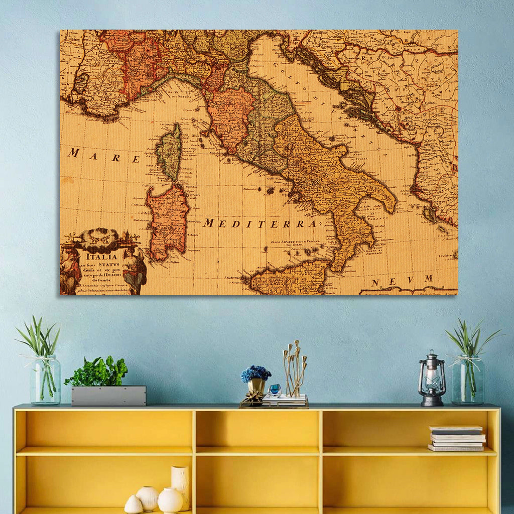 Antique Map of Italy with Ornate Cartouche Wall Art