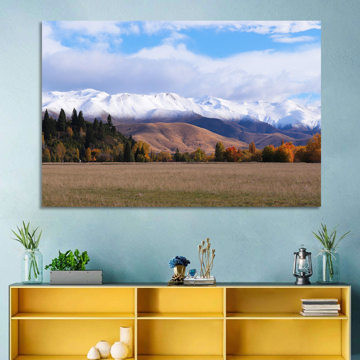 Ben Ohau Mountain Meadow Wall Art in a room, landscape