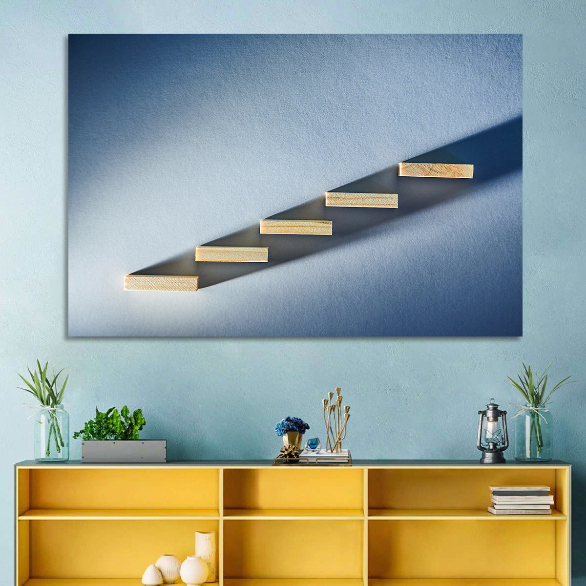 Five Wooden Steps Abstraction Wall Art in a room, landscape