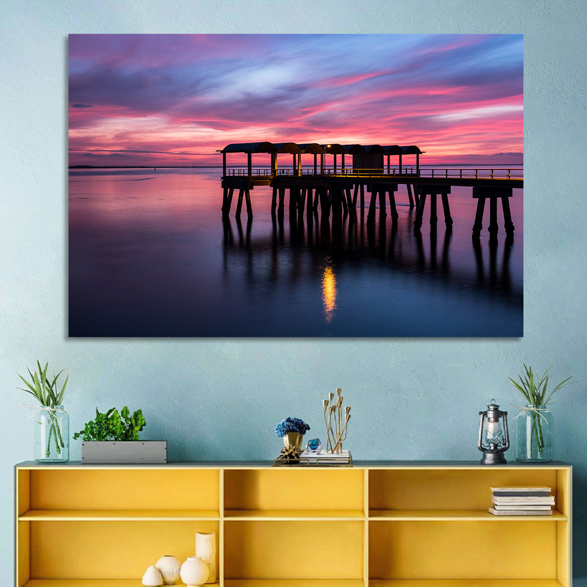 Jekyll Island Dusk Pier Wall Art in a room, landscape