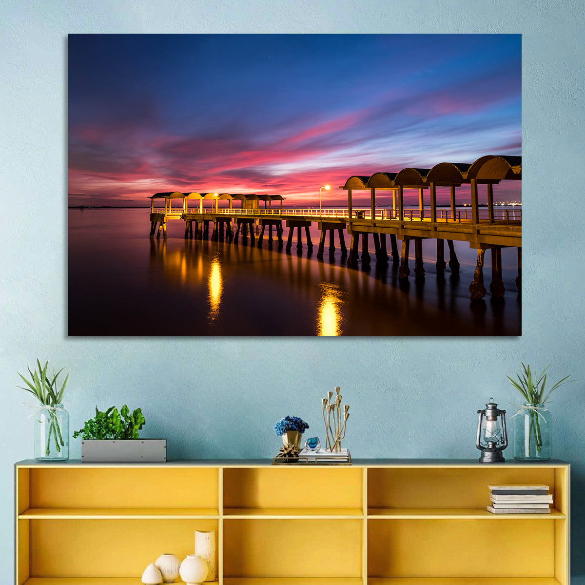 Twilight on Jekyll Island Pier Wall Art in a room, landscape