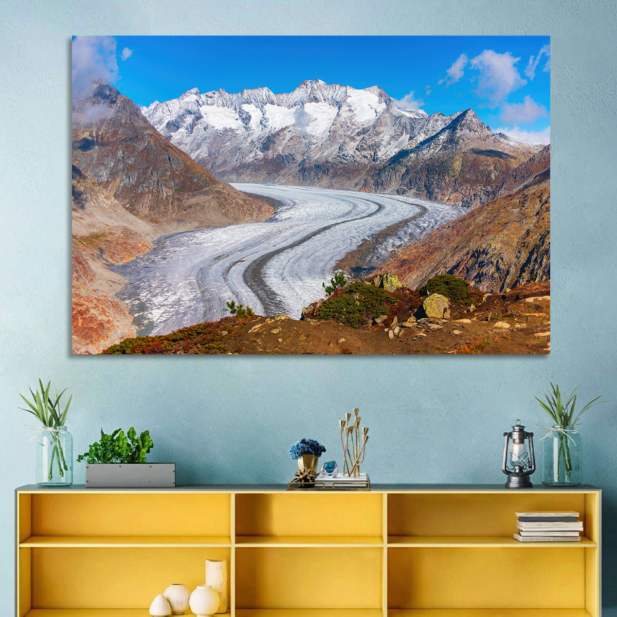 Aletsch Glacier Valley Wall Art in a room, landscape