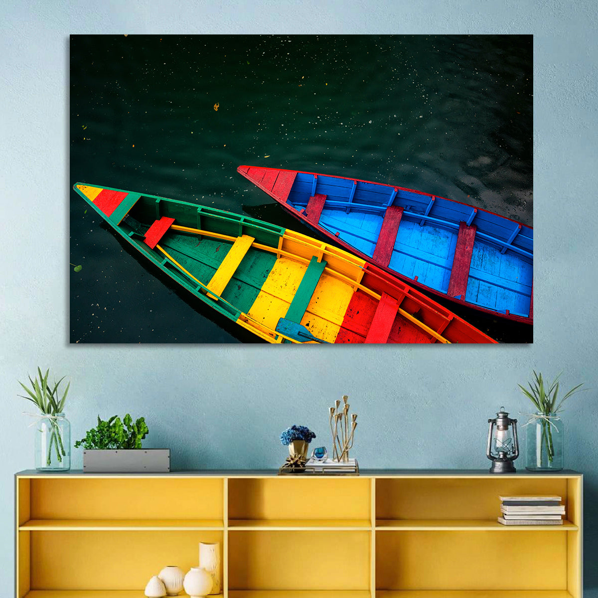 Two Colorful Boats Over Rippling Water Wall Art in a room, landscape