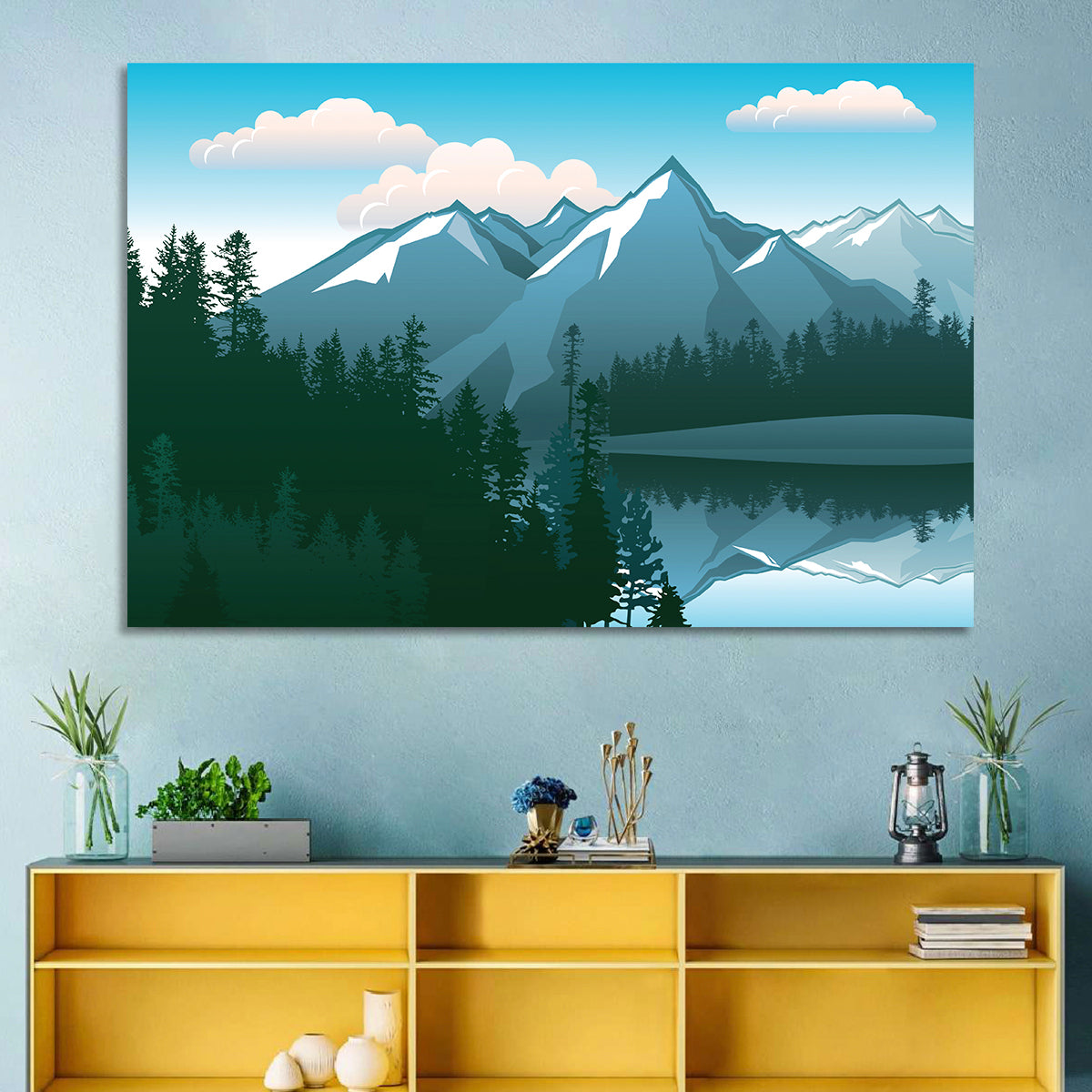 Tranquil Mountain Lake Illustration Wall Art