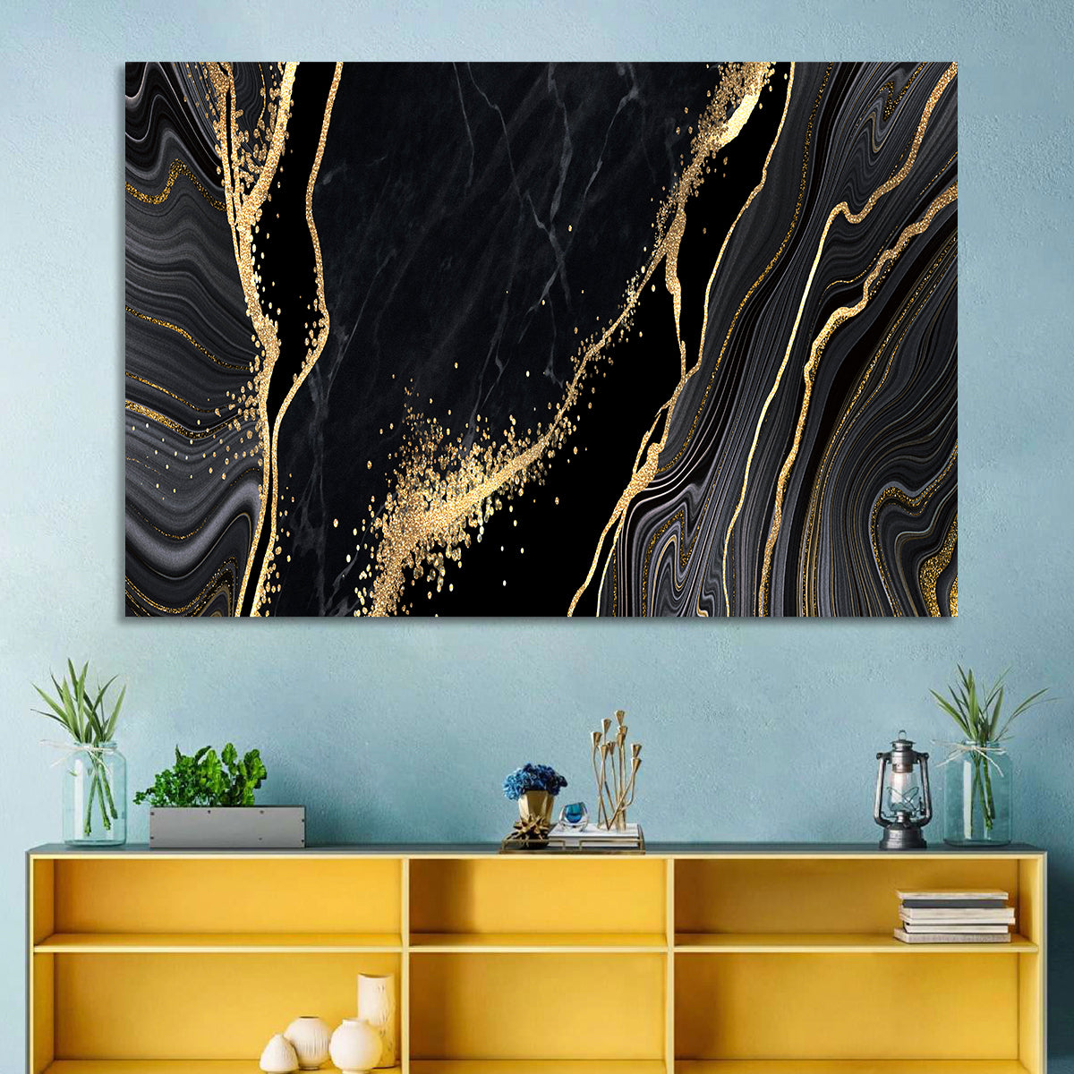 Gold Glitter Black Marble Abstract Wall Art