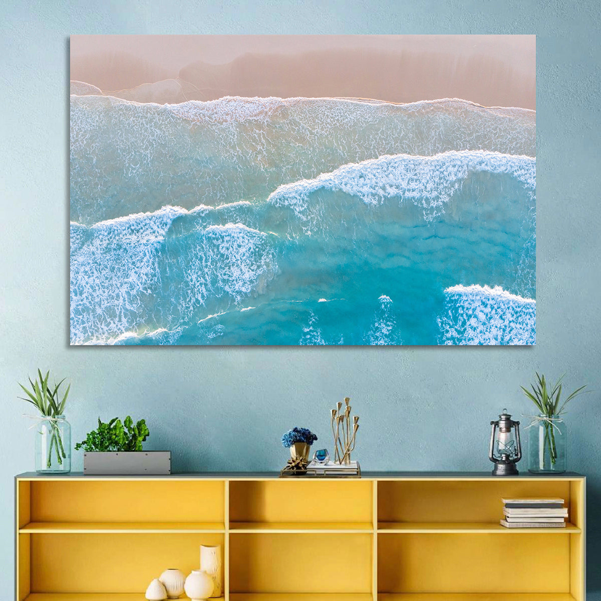 Turquoise Shoreline Aerial View Wall Art in a room, landscape