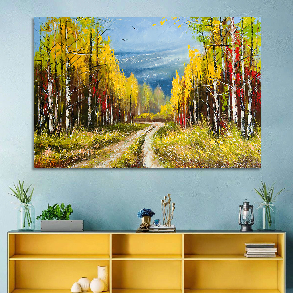 Autumn Birch Path with Two Birds Wall Art in a room, landscape