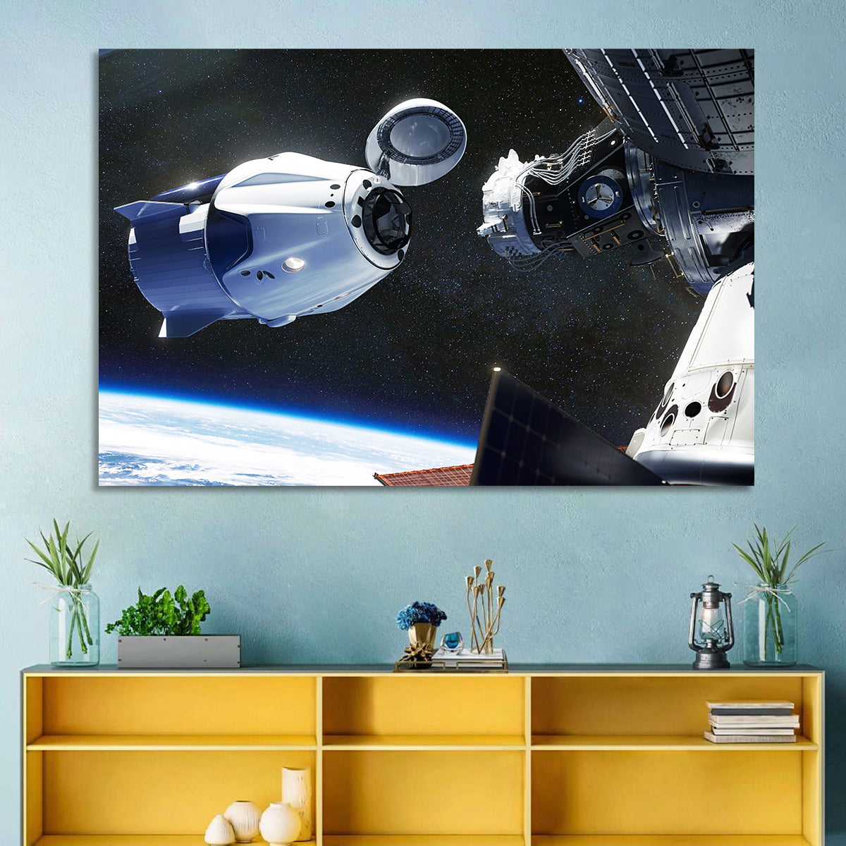 Crew Dragon Docking with Iss Wall Art in a room, landscape