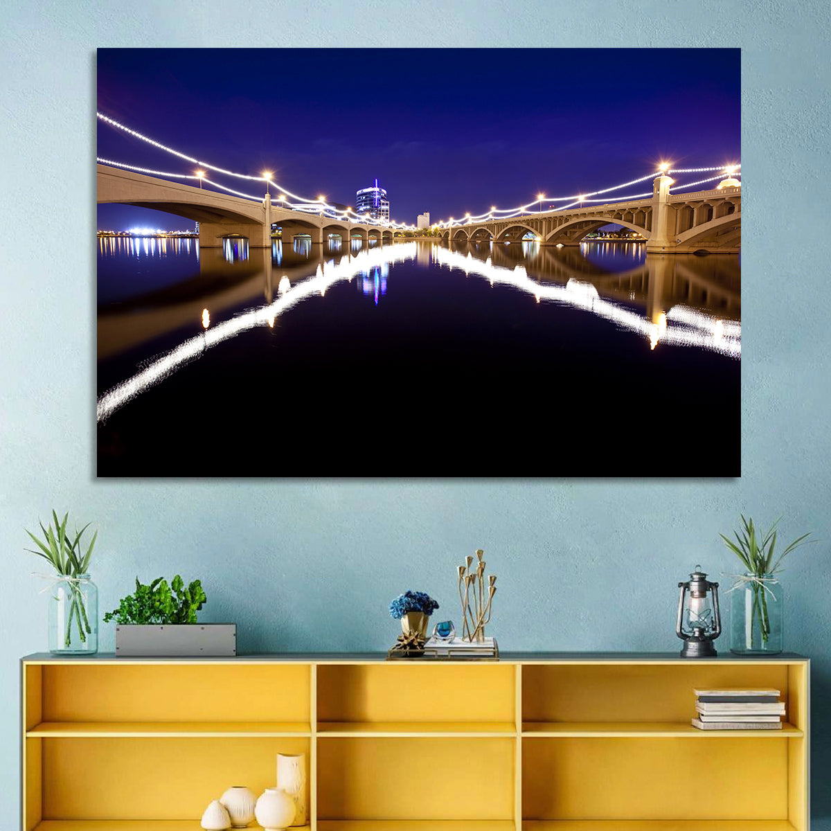 Mill Avenue Bridge Night Reflections Wall Art in a room, landscape