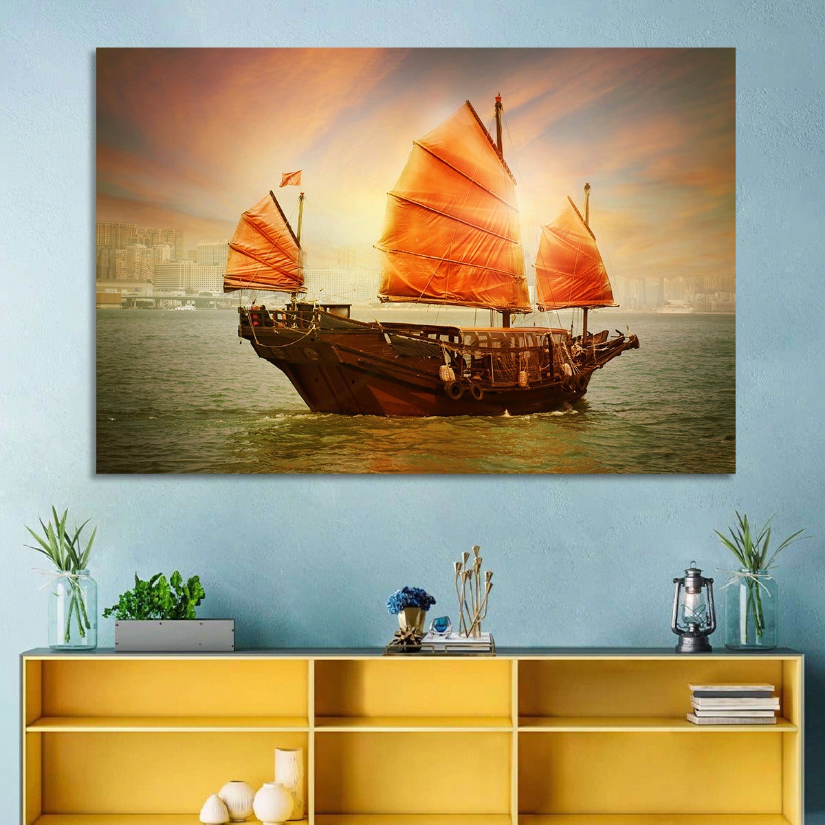 Red Sailed Junk at Victoria Harbour Wall Art in a room, landscape
