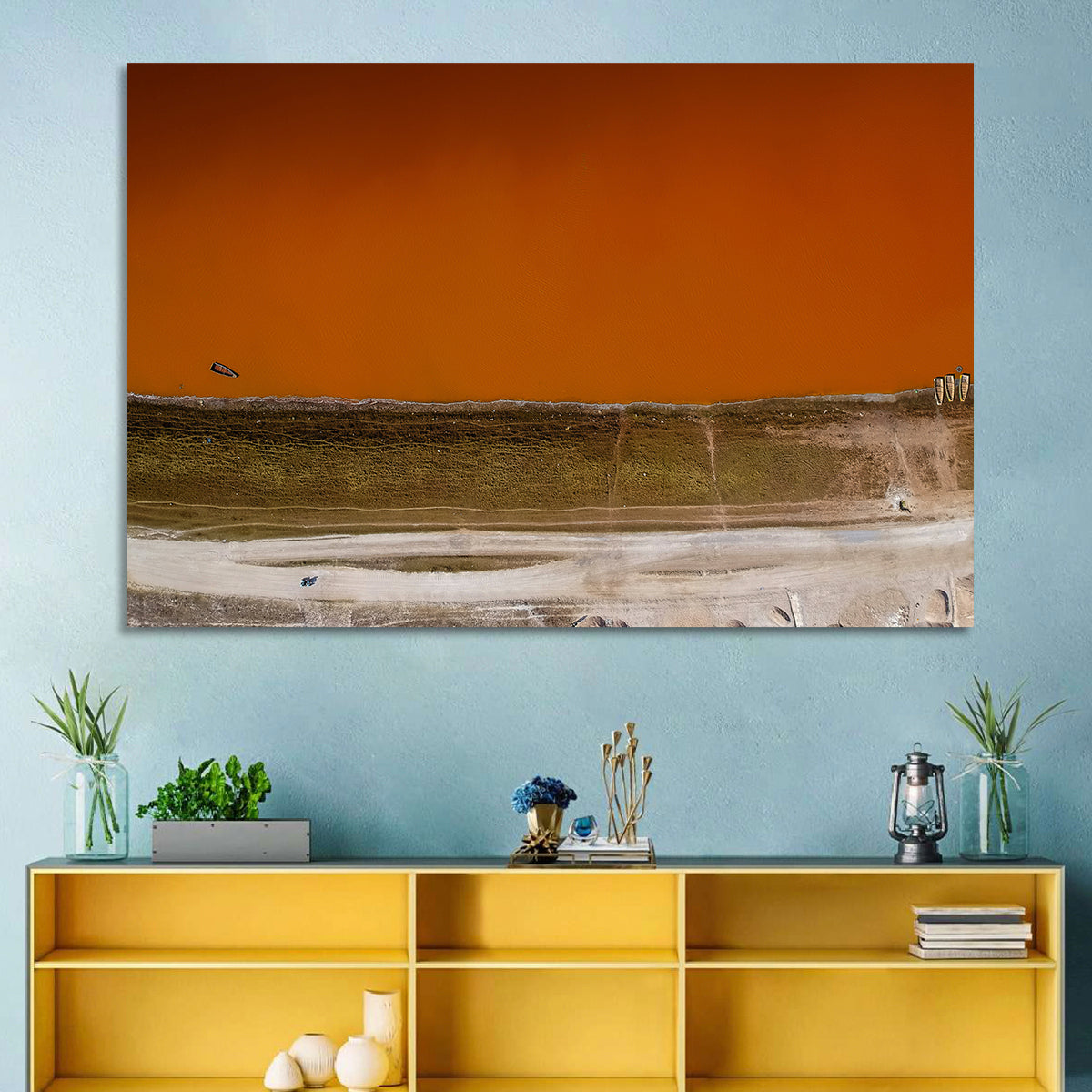 Lake Retba Aerial View Wall Art in a room, landscape