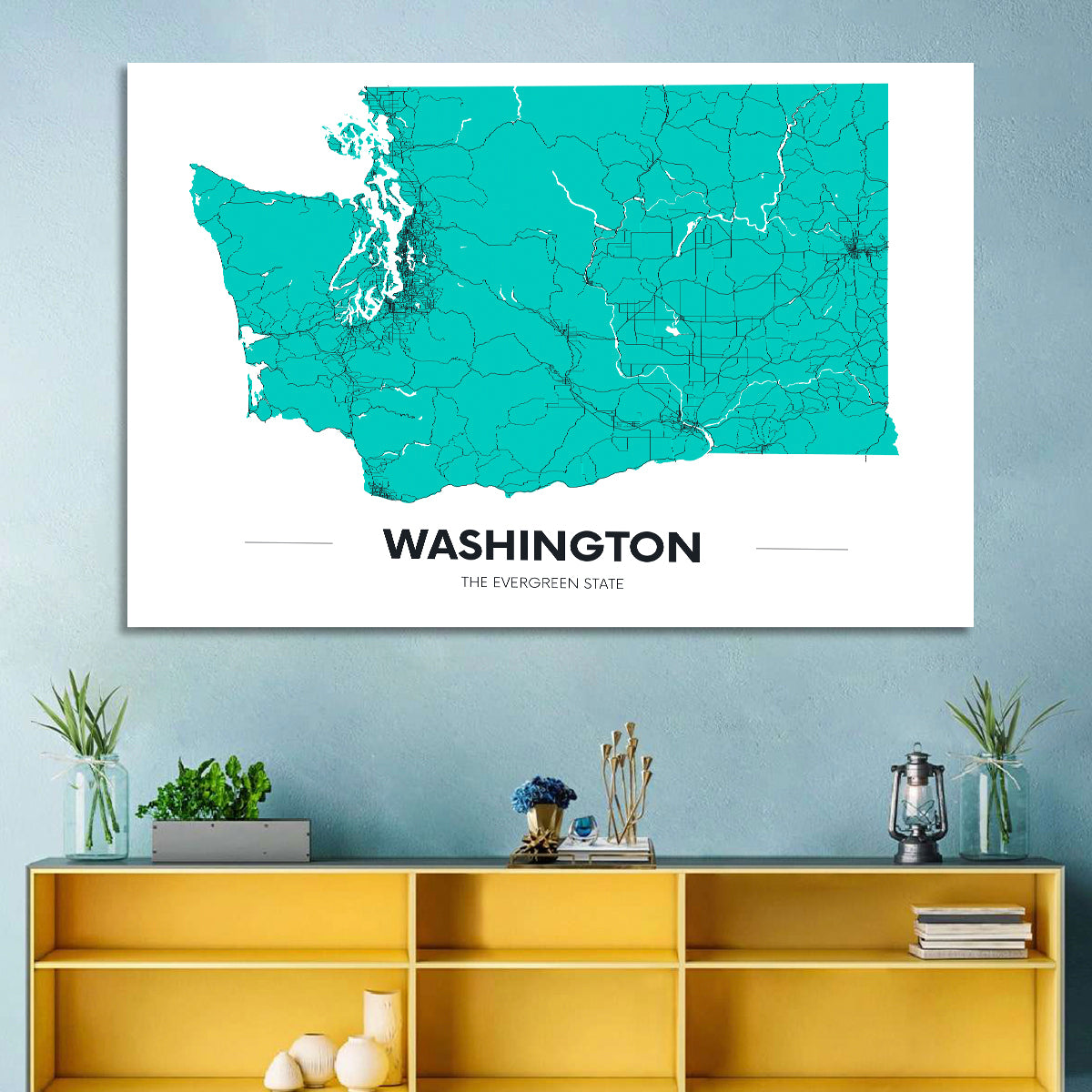 Washington State Minimalist Map Wall Art in a room, landscape