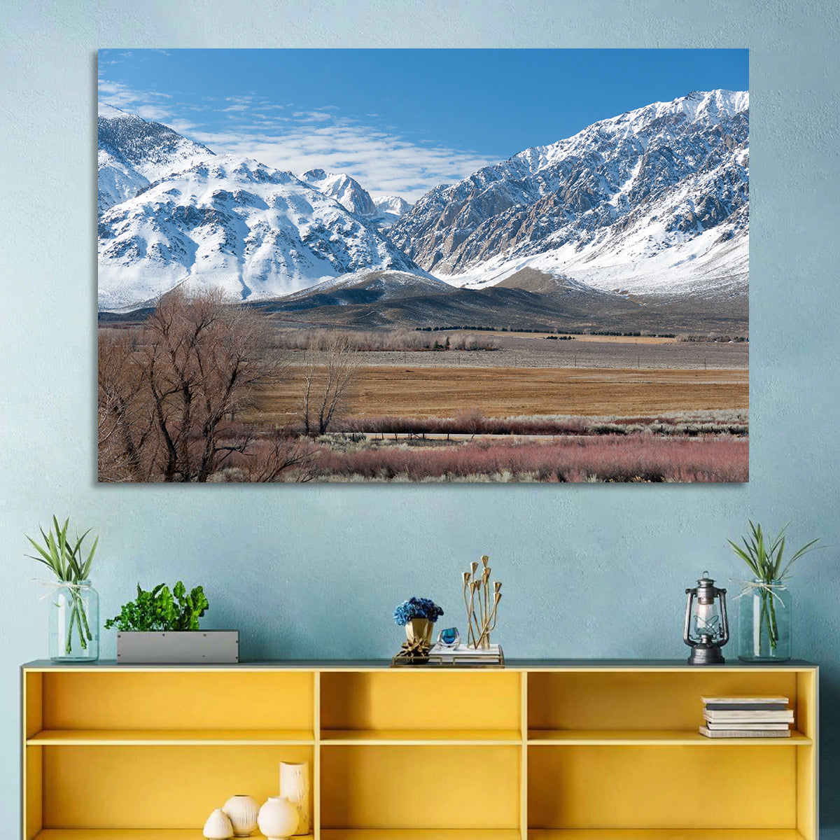 Eastern Sierra Winter Peaks Wall Art in a room, landscape