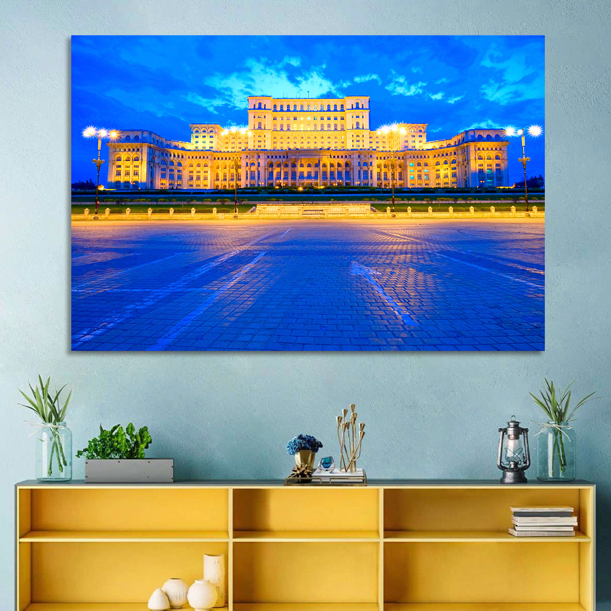 Palace of the Parliament at Twilight Wall Art in a room, landscape