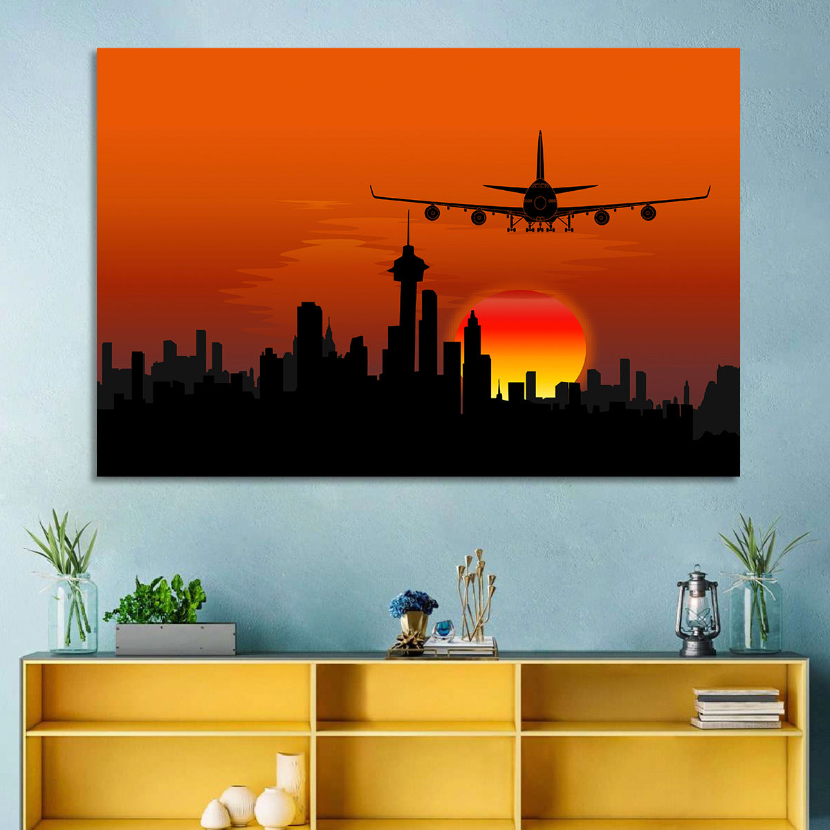 Approaching Jet Over Sunset Skyline Wall Art