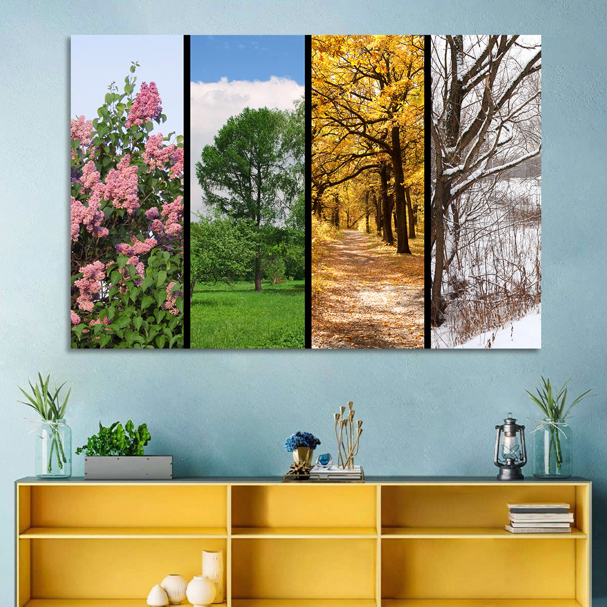 Four Seasons Tree Collage Wall Art in a room, landscape