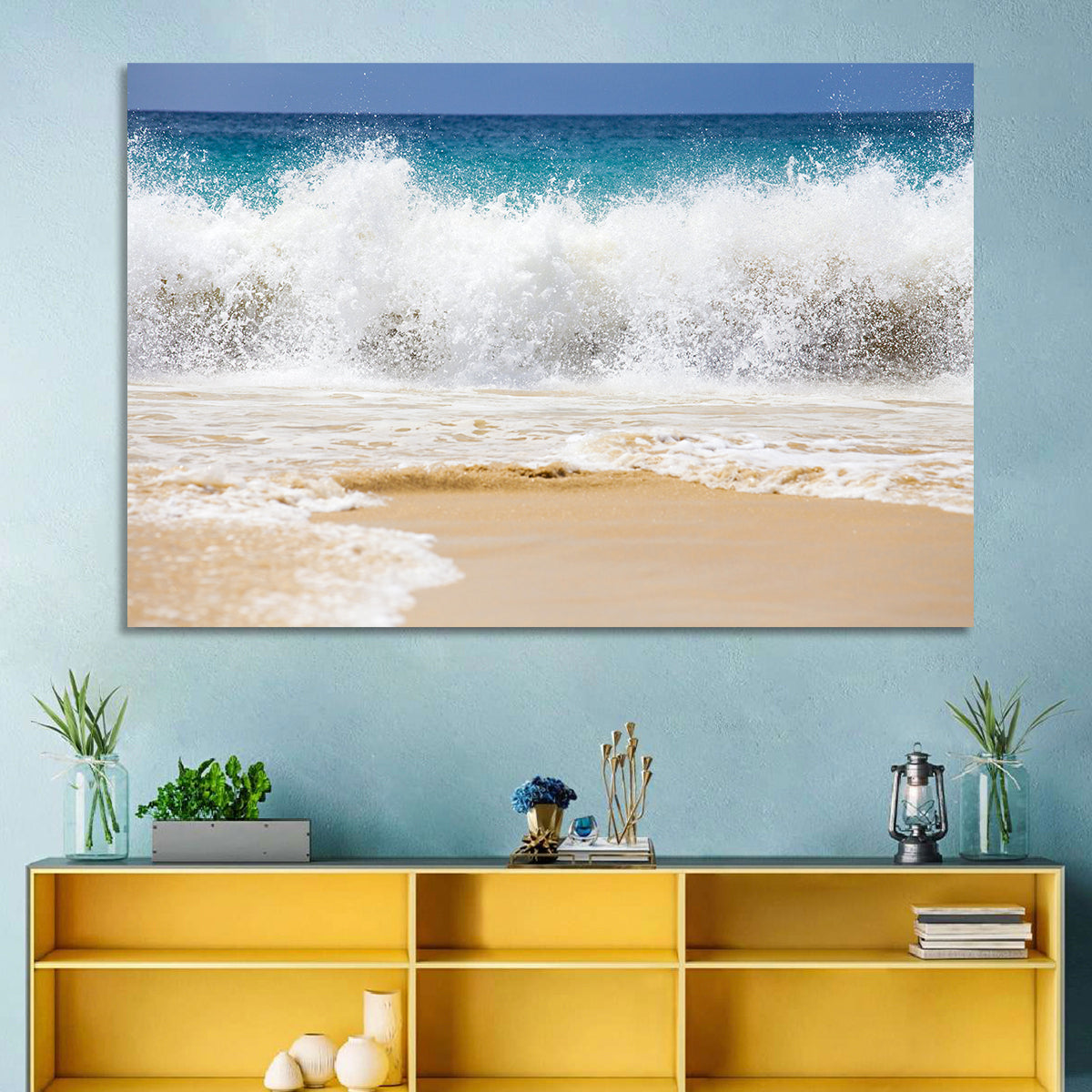 Breaking Wave Over Wet Sand Wall Art in a room, landscape