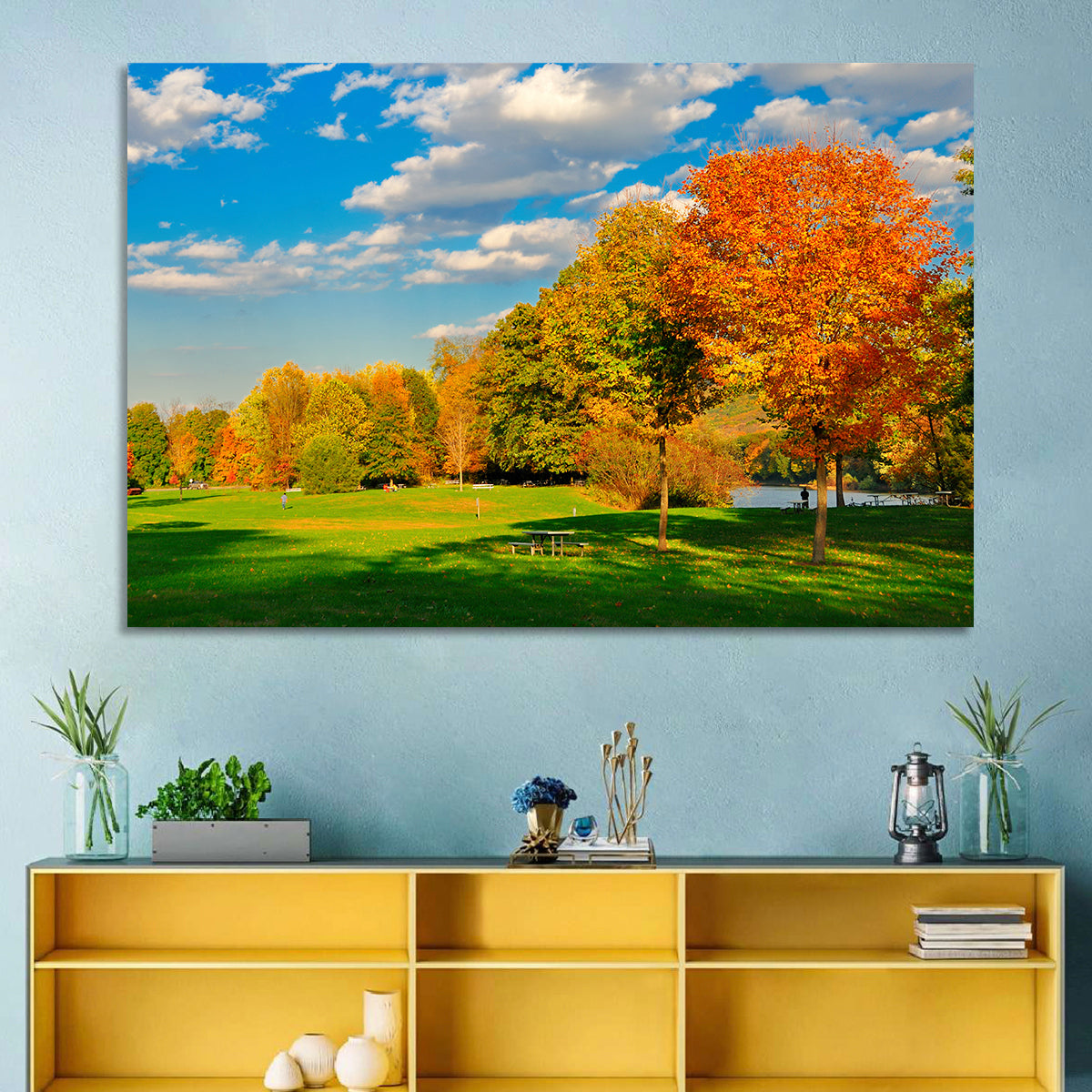 Autumn Trees and Lakeside Lawn Wall Art in a room, landscape