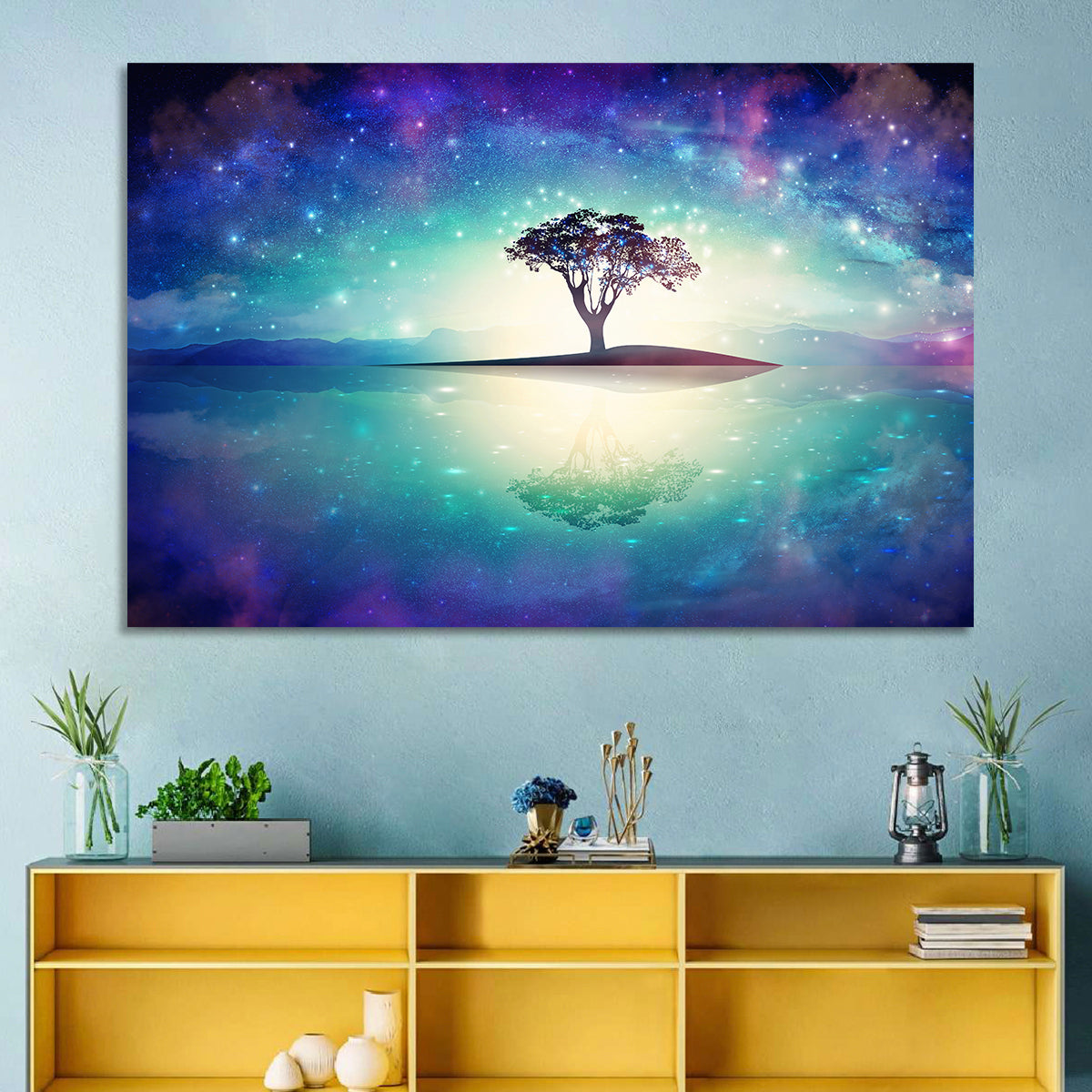 Glowing Island Tree Under Starry Nebula Wall Art in a room, landscape