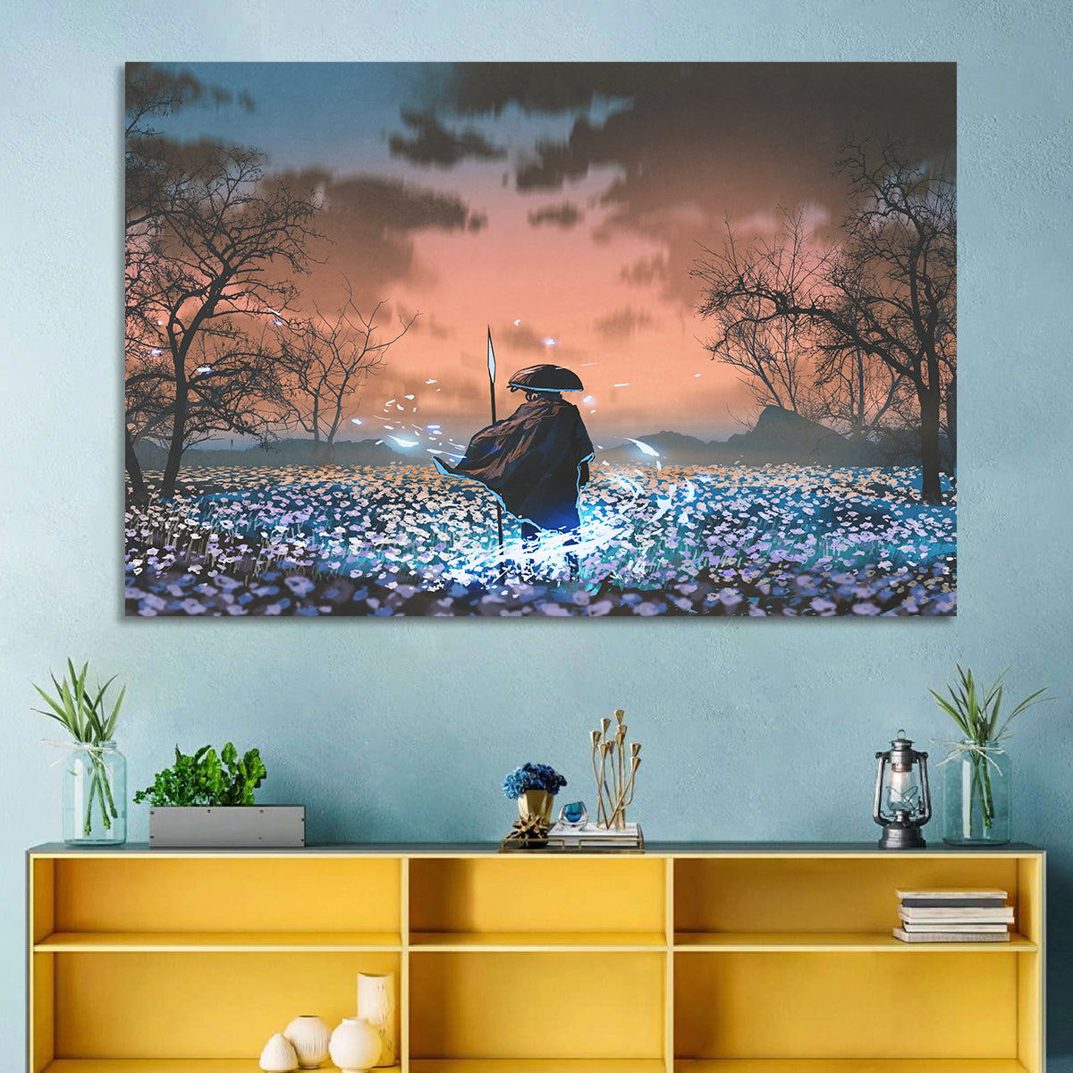 Straw Hat Samurai at Dusk Wall Art in a room, landscape
