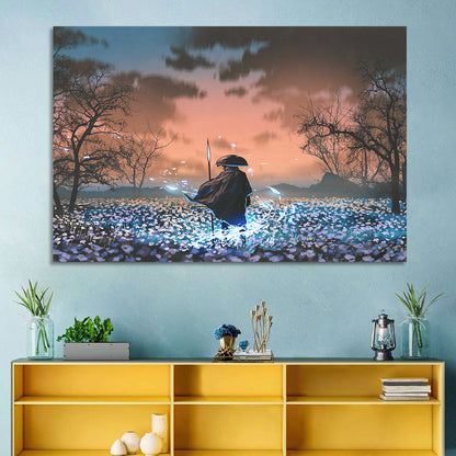 Straw Hat Samurai at Dusk Wall Art