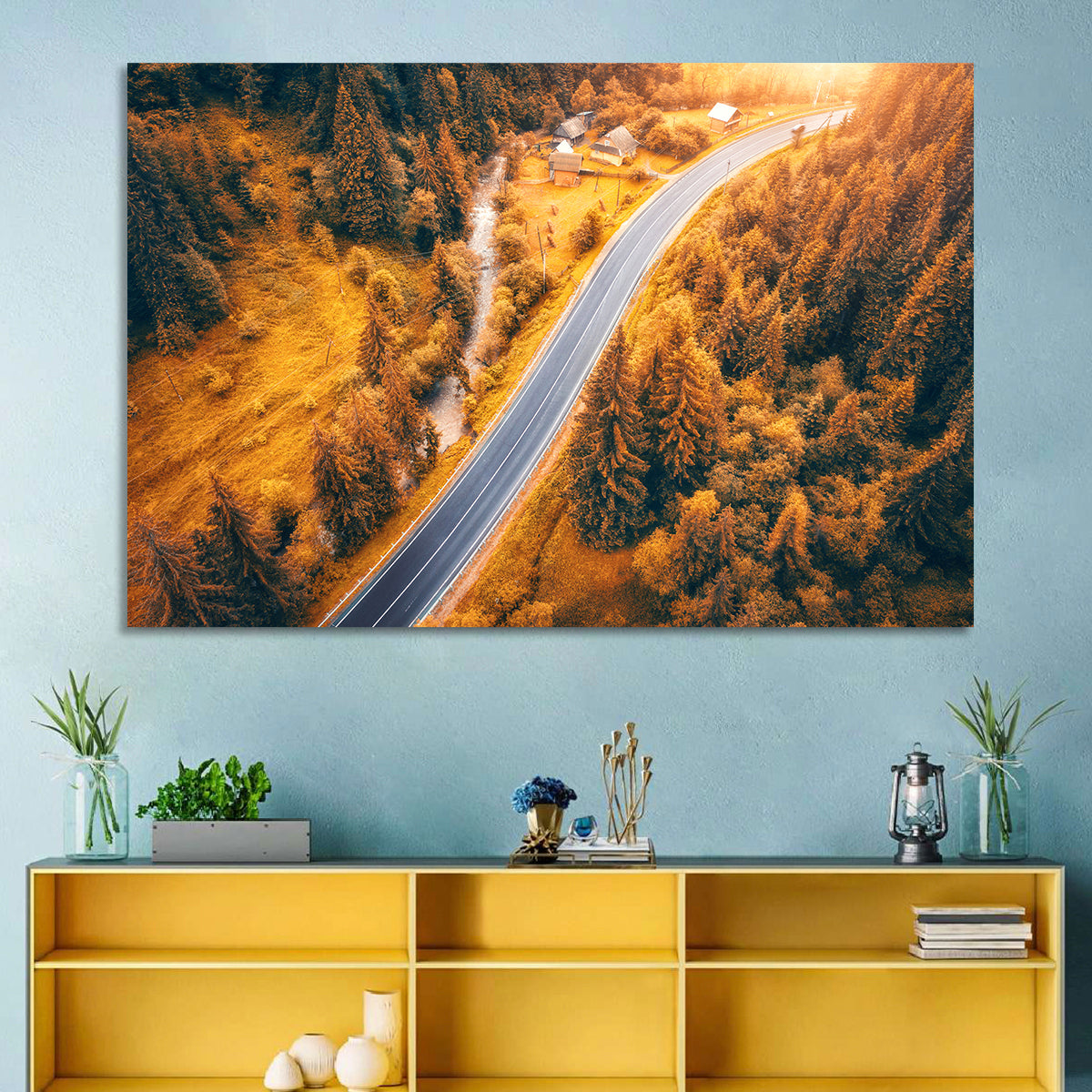 Carpathian Autumn Road Wall Art in a room, landscape