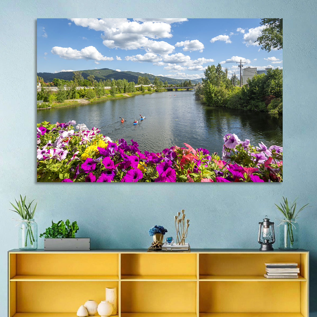 Sand Creek River with Petunias Wall Art in a room, landscape