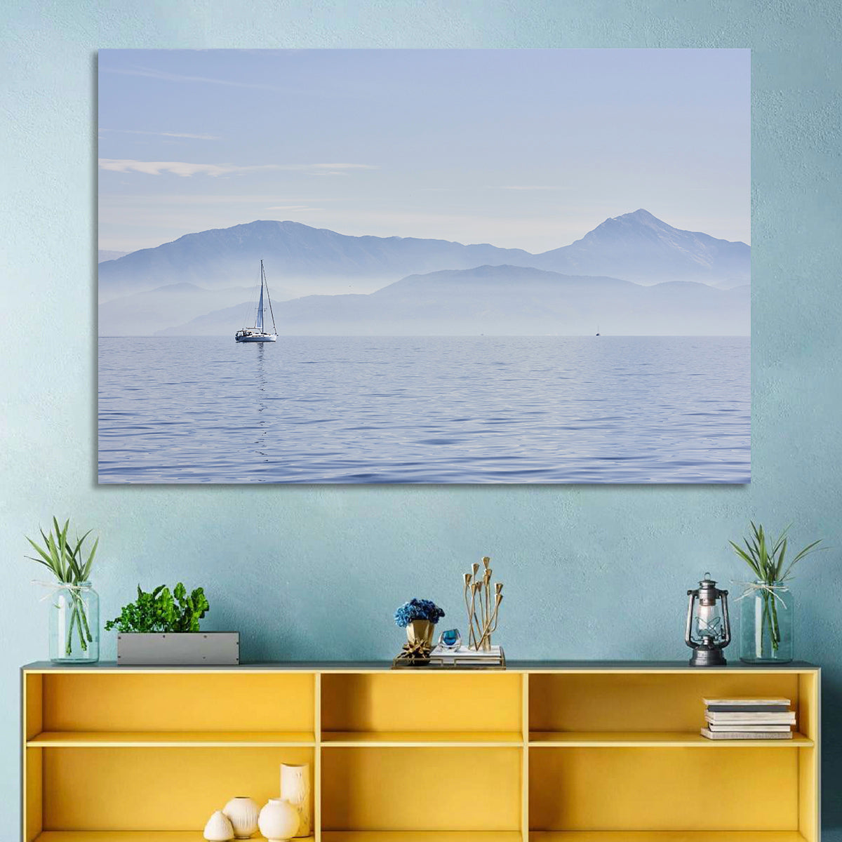 Sailboat and Misty Mountains Wall Art in a room, landscape