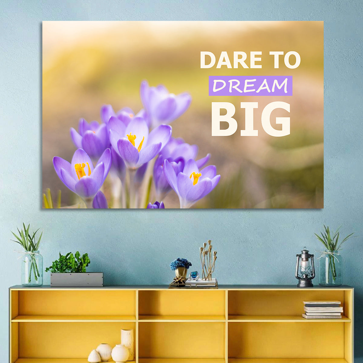 Dare to Dream Big, Purple Crocus Wall Art in a room, landscape