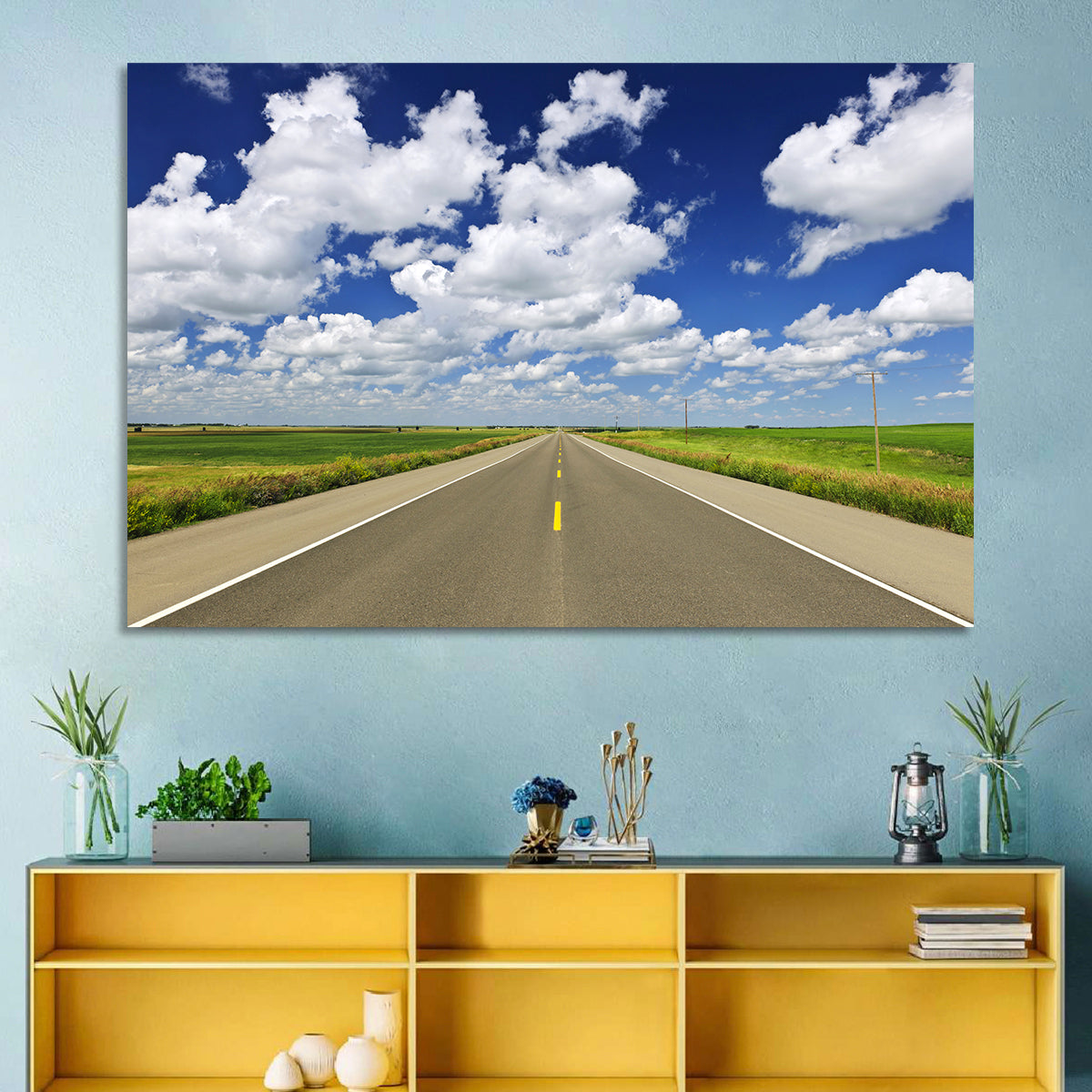 Saskatchewan Prairie Highway Wall Art in a room, landscape