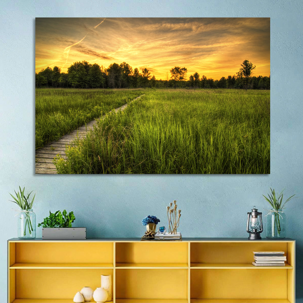 Irwin Prairie Boardwalk Sunset Wall Art in a room, landscape