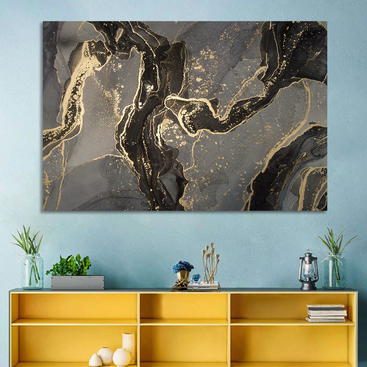 Black and Gold Marbled Abstract Wall Art in a room, landscape