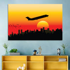 Airplane Over Sunset Skyline Wall Art