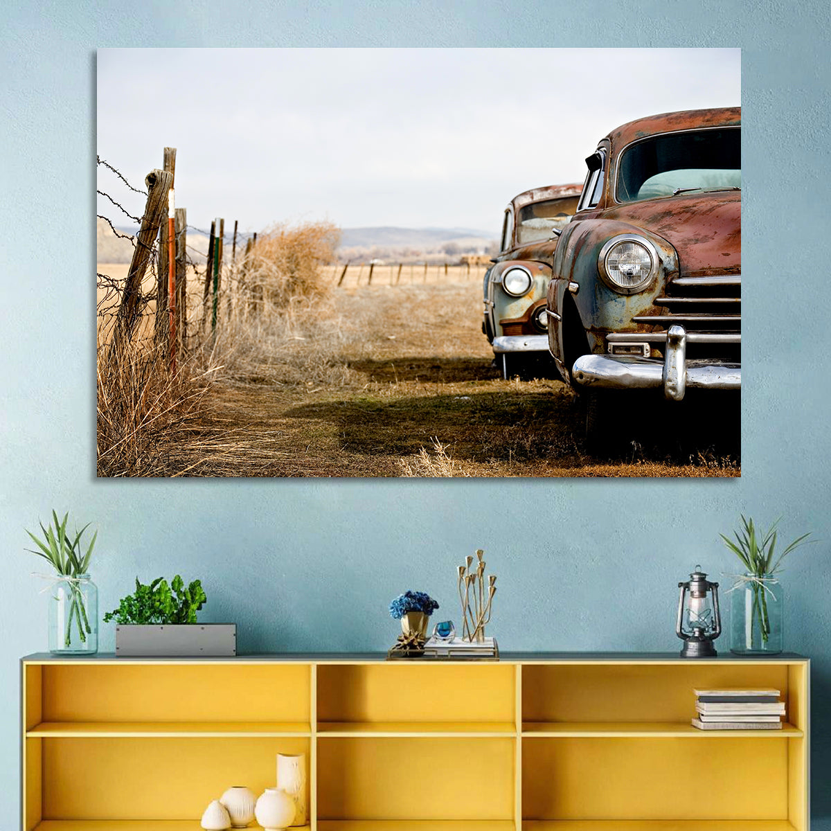 Abandoned Rusty Vintage Cars Behind Barbed Wire Wall Art