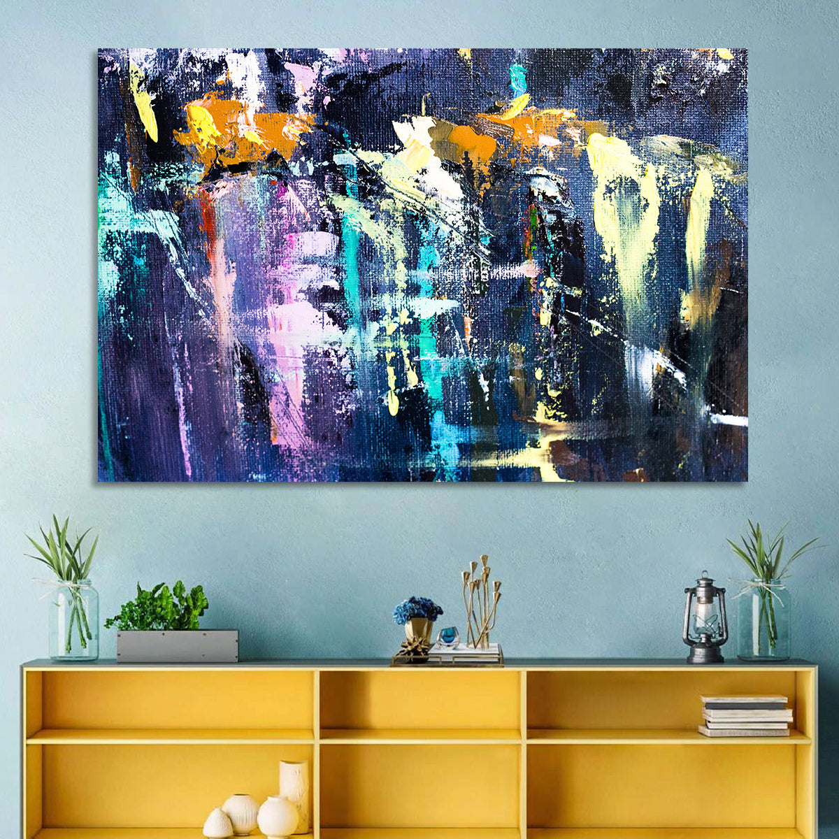 Impasto Waterfall in Blue and Purple Wall Art