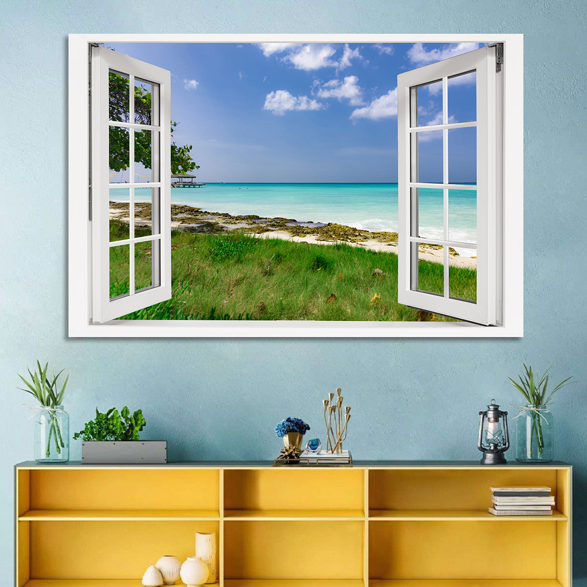 Gazebo on Pier Over Turquoise Ocean Wall Art in a room, landscape