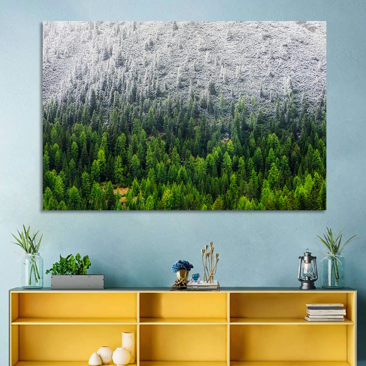 Snowy Dolomites Forest Wall Art in a room, landscape