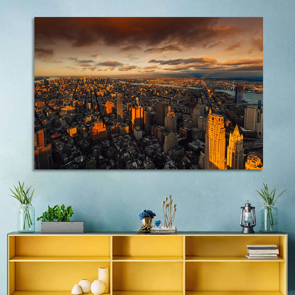 South Manhattan Sunset Skyline Wall Art in a room, landscape