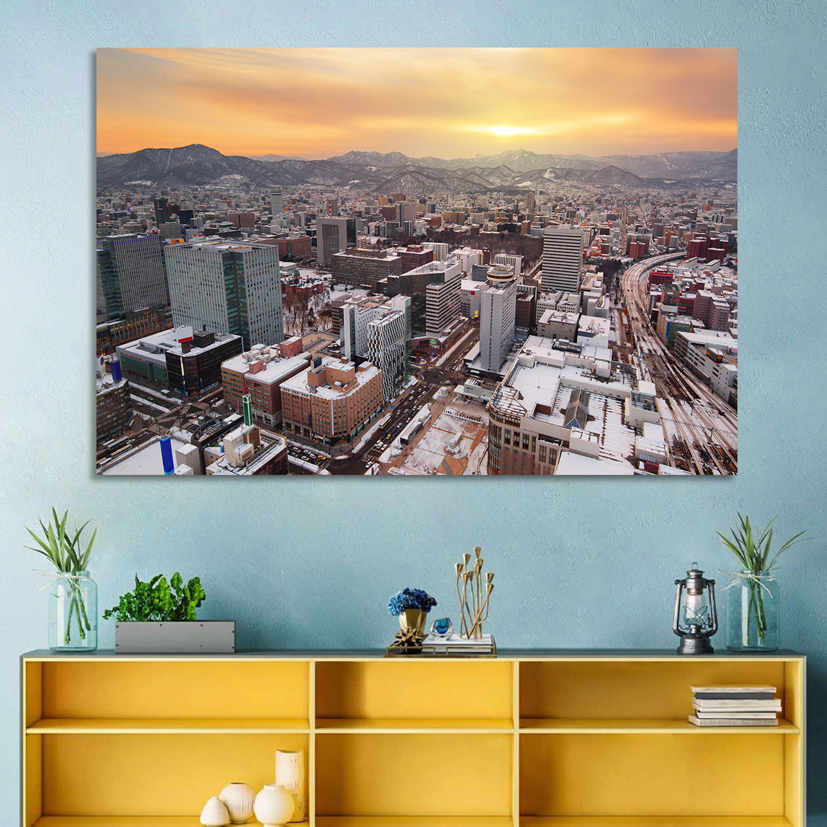 Sapporo Station Skyline at Golden Hour Wall Art in a room, landscape