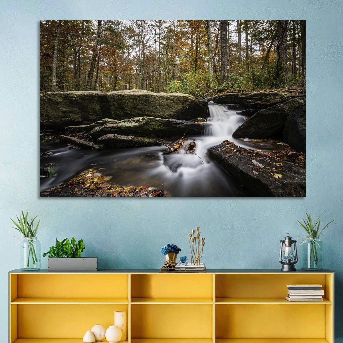 Cheaha Falls Autumn Waterfall Wall Art in a room, landscape