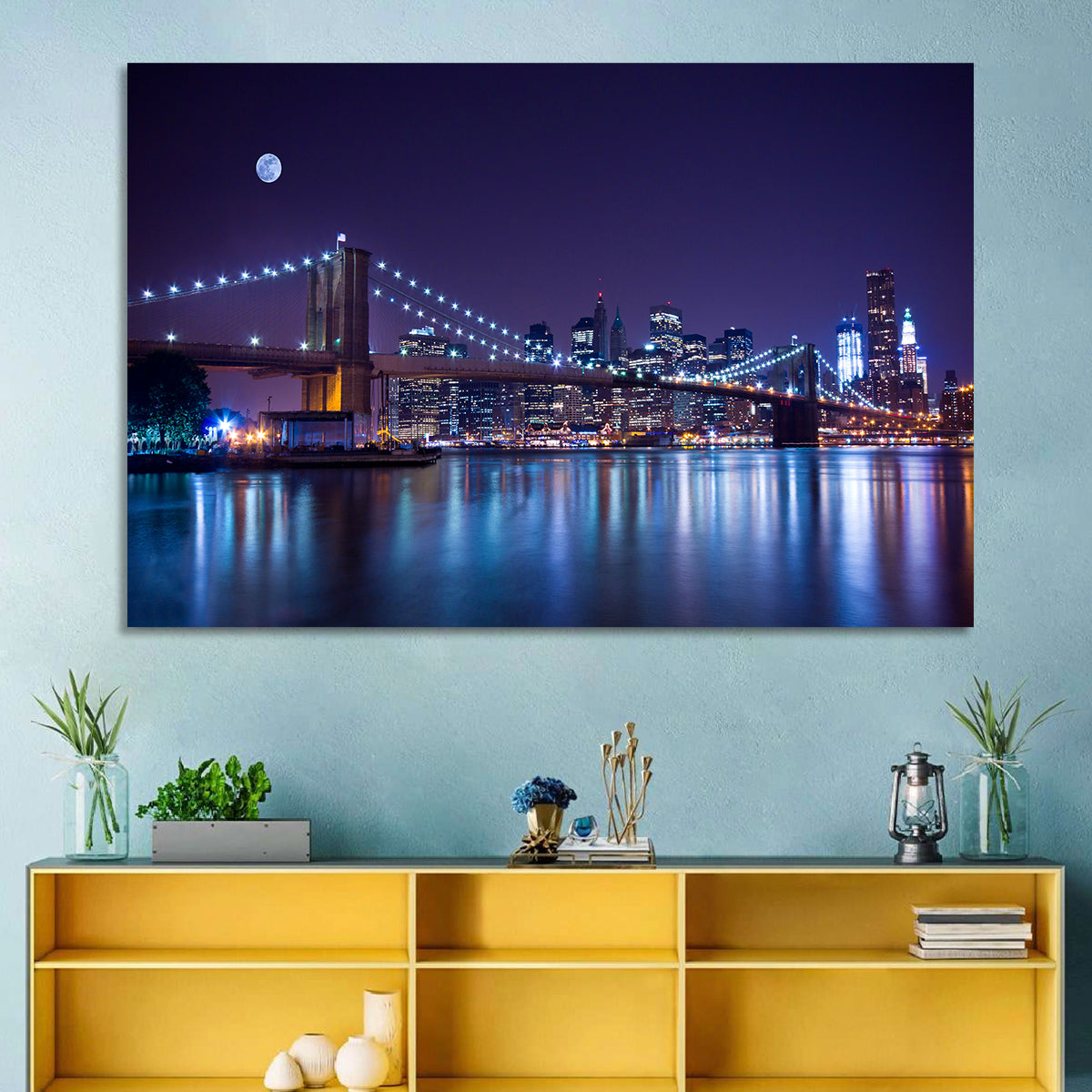 Brooklyn Bridge Moonlit Reflections Wall Art in a room, landscape