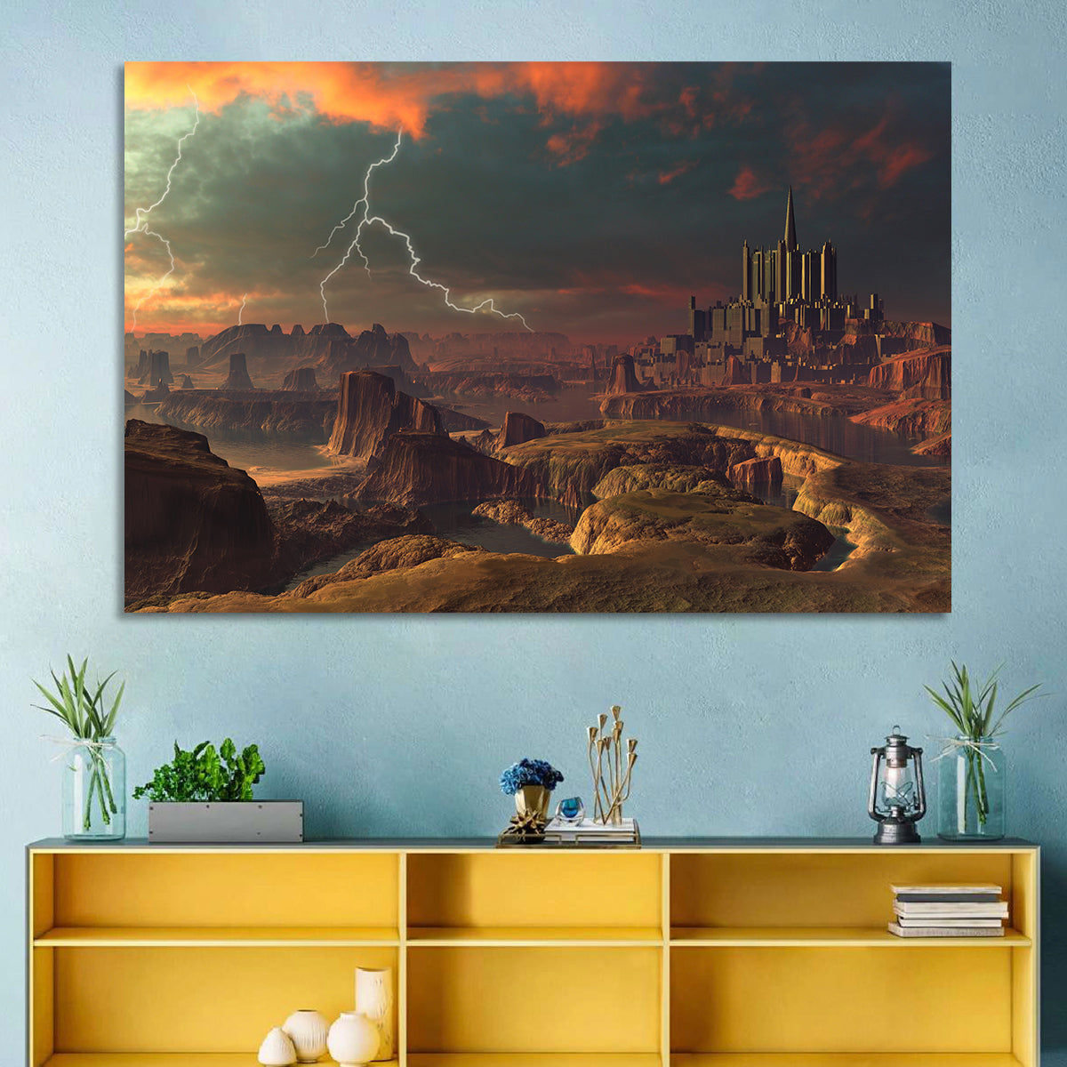Dusk Storm Over Alien Fortress Wall Art in a room, landscape