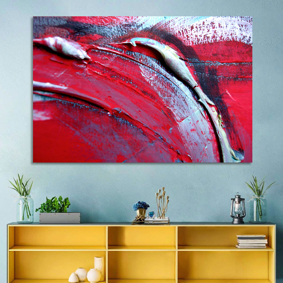 Crimson Impasto Motion Wall Art in a room, landscape