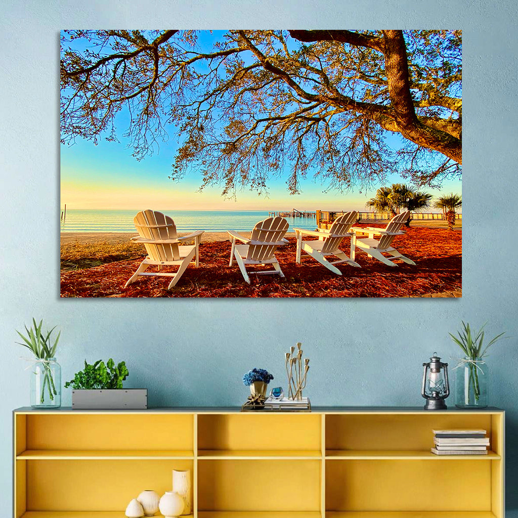 Mobile Bay Adirondack Chairs at Sunrise Wall Art