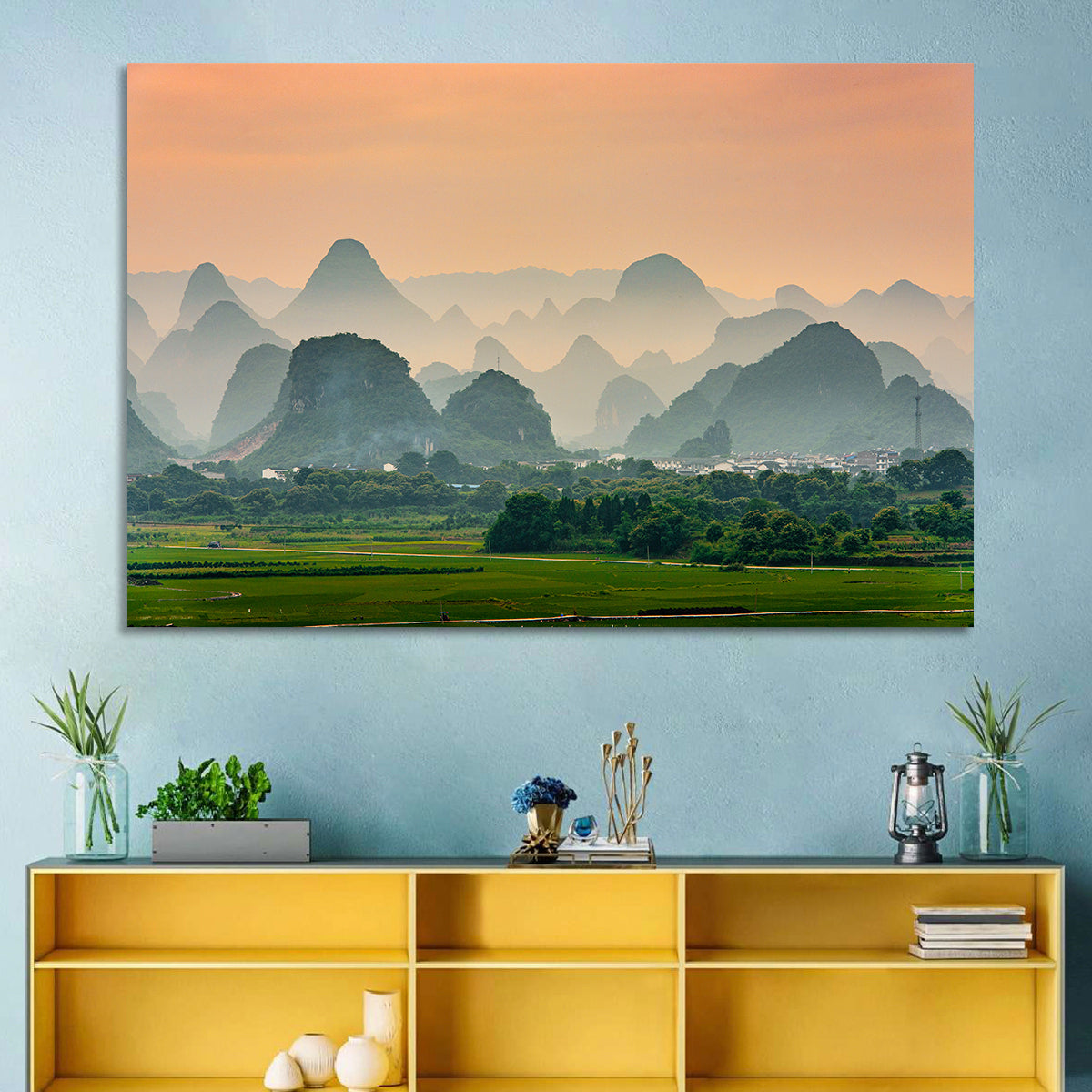 Misty Karst Mountains Wall Art in a room, landscape
