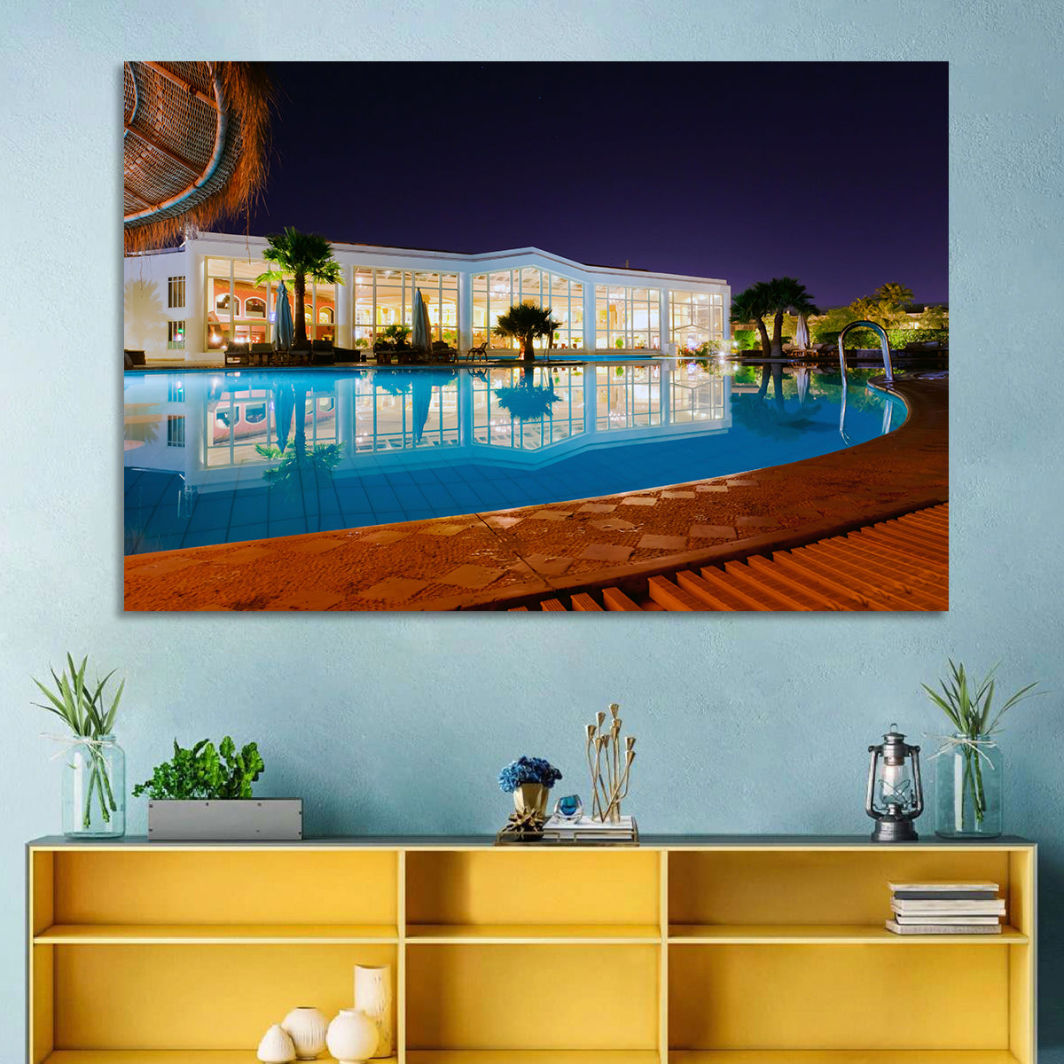 Moonlit Resort Pool Reflection Wall Art in a room, landscape